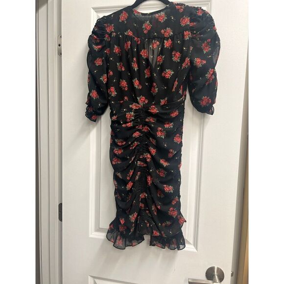 Zara Black Floral Ruched Mini Dress with Sleeves size S - Picture 5 of 6